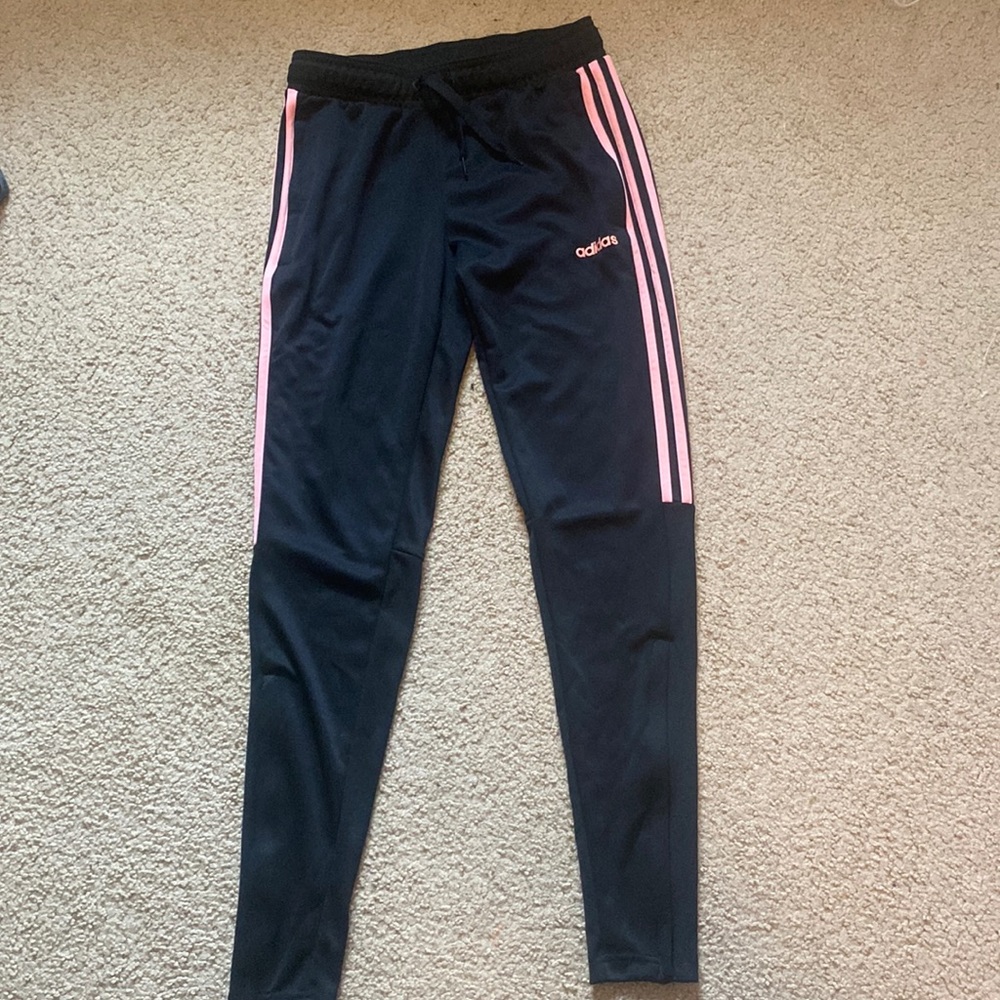 Womens Black and Pink Adidas Track Pants Size Small